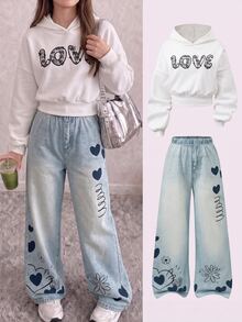 SHEIN 青少年女孩短版連帽衛衣 + 鬆緊腰寬腿長褲 2件套，LOVE字母印花，愛心花朵塗鴉長褲，秋季休閒街頭風白色 - 藍色 - 查看 4