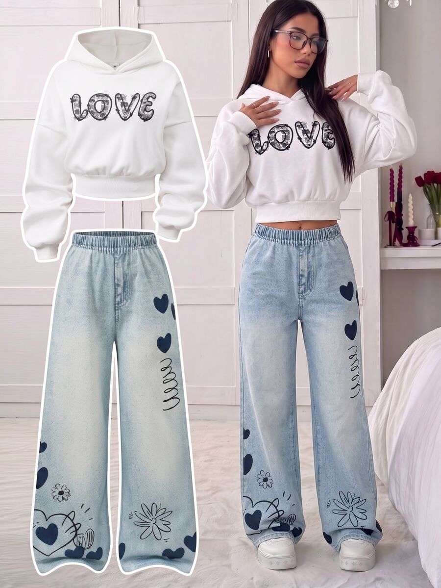 SHEIN 青少年女孩短版連帽衛衣 + 鬆緊腰寬腿長褲 2件套,LOVE字母印花,愛心花朵塗鴉長褲,秋季休閒街頭風白色 - 藍色 - 查看 1