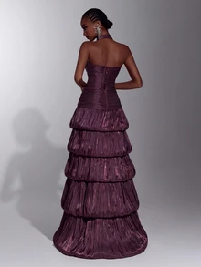 Elitara Elegant Formal Filipiniana Coffee Brown Shiny Satin Stand Collar Backless Multi-Layer Ruffle A-Line Evening Gown Christmas Party Graduation Prom Fall - Coffee Brown - View 3
