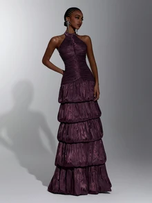 Elitara Elegant Formal Filipiniana Coffee Brown Shiny Satin Stand Collar Backless Multi-Layer Ruffle A-Line Evening Gown Christmas Party Graduation Prom Fall - Coffee Brown - View 5