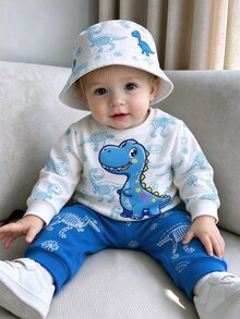 1 Set Boys Dinosaur Print Long Sleeve Crew Neck Sweatshirt & Long Pants Outfit, Spring/Autumn New Cool & Stylish Design, Fashionable Versatile Look Showing Children's Vitality, Vibrant Colors & Exquisite Pattern, Suitable For Daily Outdoor, School, Holiday Gift, Great For Photos, Multi-Scenario Adaptable For Kids Outfit - Multicolor - View 1