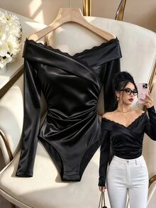 GlowEve Black Frayed Lace Patchwork Cold Shoulder Long Sleeve Fitted Bodysuit, Criss-Cross Ruched Waist, Elastic Satin Slim Fit Slimming, Snap Crotch, Suitable For Date Party, Spring Autumn Wear, Winter Layering - Black - View 3
