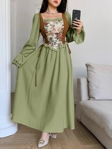 Feyla Women's Elegant Colorblock Jacquard Long Dress - Green - View 7