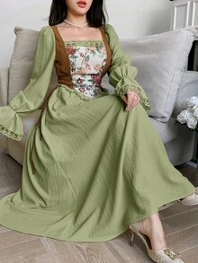 Feyla Women's Elegant Colorblock Jacquard Long Dress - Green - View 5