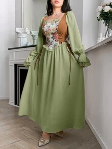 Feyla Women's Elegant Colorblock Jacquard Long Dress - Green - View 6