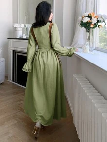 Feyla Women's Elegant Colorblock Jacquard Long Dress - Green - View 3