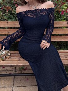 Feyla 女款蕾絲拼接露肩休閒優雅性感派對酒吧雞尾酒晚禮服 深綠色 秋季 - 藏蓝色 - 查看 4