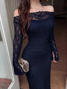 Feyla 女款蕾絲拼接露肩休閒優雅性感派對酒吧雞尾酒晚禮服 深綠色 秋季 - 藏蓝色 - 查看 3