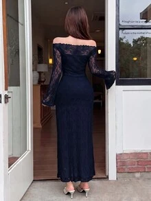 Feyla 女款蕾絲拼接露肩休閒優雅性感派對酒吧雞尾酒晚禮服 深綠色 秋季 - 藏蓝色 - 查看 2