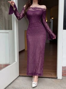 Feyla 女款優雅性感純色蕾絲露肩長洋裝 雞尾酒會派對 深紫色 秋季 - 中紫紅色 - 查看 6