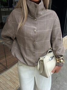 Siren Gaze 女款格紋休閒 70 年代復古風暗黑學院風街頭穿搭復古日常長袖夾克 感恩節日常穿搭 灰色 秋季 日間 - 彩色 - 查看 4