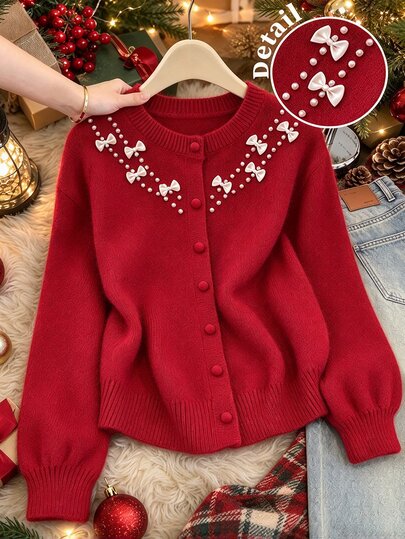 GlowEve CURVE Cardigan navideño de talla grande para mujer, suéter abrigo de otoño e invierno, rojo con lentejuelas, frente abierto, cuello redondo, con lazo de cuentas, manga larga, elegante top navideño para cita nocturna