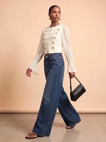 Zivah Early Fall Women's Elegant Party Going Out Holiday Outfit, Round Neck Long Sleeve Chiffon Patchwork White Button-Down Jacket Cream White - White - View 8