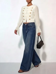 Zivah Early Fall Women's Elegant Party Going Out Holiday Outfit, Round Neck Long Sleeve Chiffon Patchwork White Button-Down Jacket Cream White - White - View 5