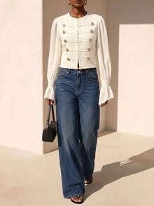 Zivah Early Fall Women's Elegant Party Going Out Holiday Outfit, Round Neck Long Sleeve Chiffon Patchwork White Button-Down Jacket Cream White - White - View 7