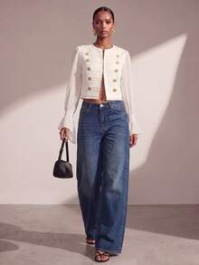 Zivah Early Fall Women's Elegant Party Going Out Holiday Outfit, Round Neck Long Sleeve Chiffon Patchwork White Button-Down Jacket Cream White - White - View 2