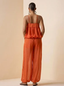 Zivah Rust Orange Summer Boho Tropical Elegant Holiday Vacation Chiffon 2-Piece Set Camisole Ruffle Layered Top Wide Leg Pants Pockets For Women Beach - Redwood - View 2