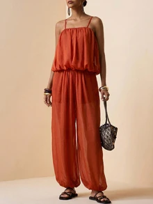 Zivah Rust Orange Summer Boho Tropical Elegant Holiday Vacation Chiffon 2-Piece Set Camisole Ruffle Layered Top Wide Leg Pants Pockets For Women Beach - Redwood - View 4