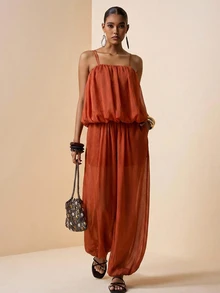 Zivah Rust Orange Summer Boho Tropical Elegant Holiday Vacation Chiffon 2-Piece Set Camisole Ruffle Layered Top Wide Leg Pants Pockets For Women Beach - Redwood - View 3