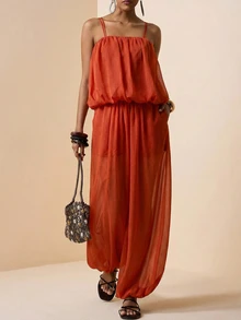 Zivah Rust Orange Summer Boho Tropical Elegant Holiday Vacation Chiffon 2-Piece Set Camisole Ruffle Layered Top Wide Leg Pants Pockets For Women Beach - Redwood - View 8