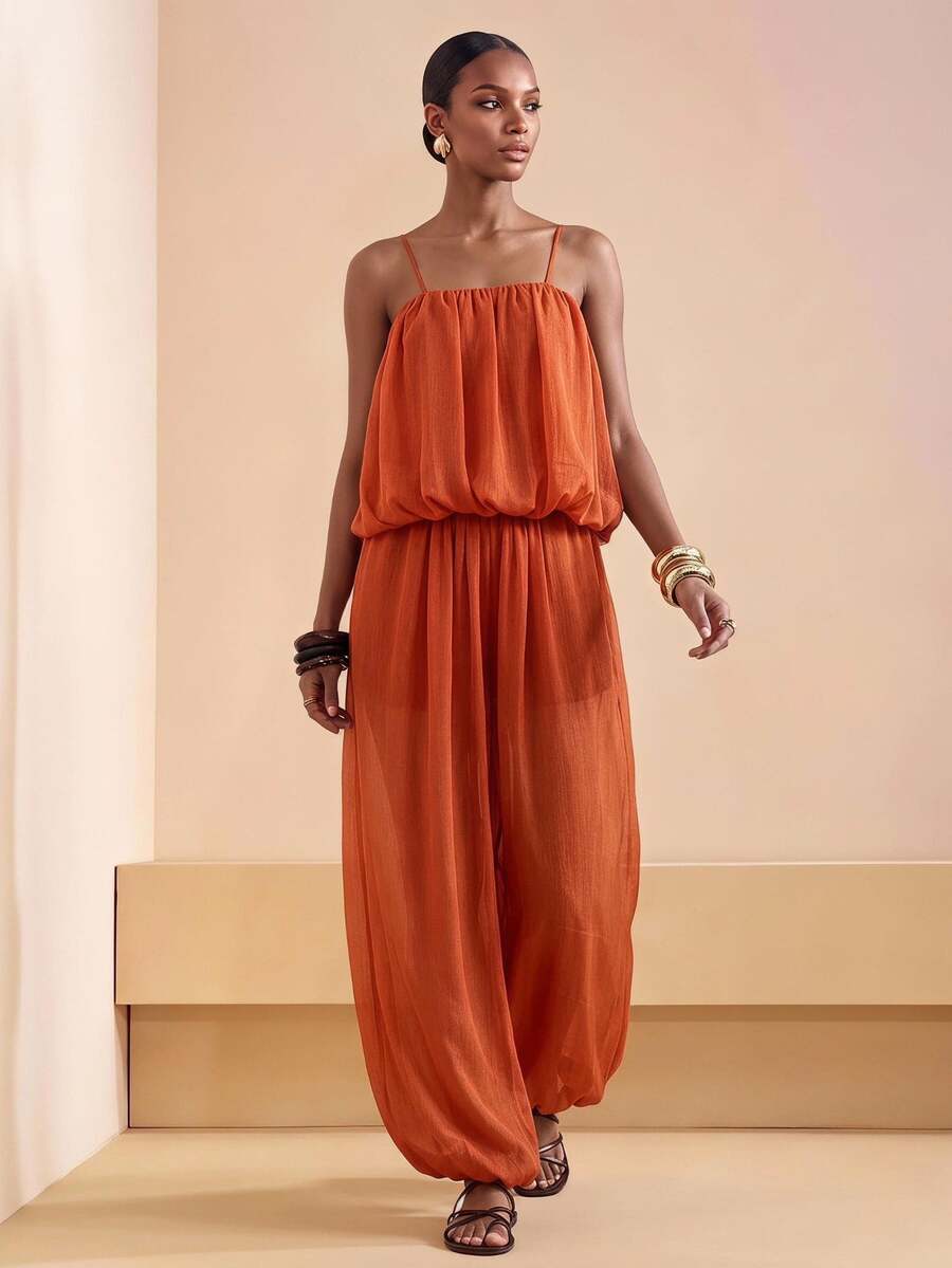 Zivah Rust Orange Summer Boho Tropical Elegant Holiday Vacation Chiffon 2-Piece Set Camisole Ruffle Layered Top Wide Leg Pants Pockets For Women Beach - Redwood - View 1