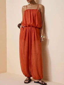Zivah Rust Orange Summer Boho Tropical Elegant Holiday Vacation Chiffon 2-Piece Set Camisole Ruffle Layered Top Wide Leg Pants Pockets For Women Beach - Redwood - View 7