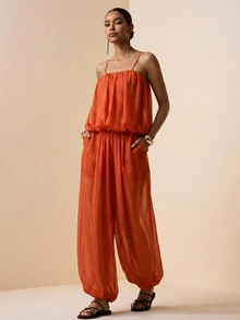 Zivah Rust Orange Summer Boho Tropical Elegant Holiday Vacation Chiffon 2-Piece Set Camisole Ruffle Layered Top Wide Leg Pants Pockets For Women Beach - Redwood - View 6