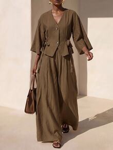 Zivah 女款純色V領百褶上衣與寬腿褲休閒極簡優雅日常兩件套，棕色系，適合日常旅行與秋季 - 彩色 - 查看 8