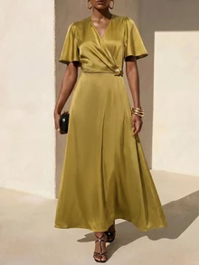 Zivah Women's Elegant Solid Color Waist-Cinching Long Dress - Mustard Yellow - View 4