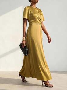 Zivah Women's Elegant Solid Color Waist-Cinching Long Dress - Mustard Yellow - View 6