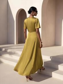 Zivah Women's Elegant Solid Color Waist-Cinching Long Dress - Mustard Yellow - View 9