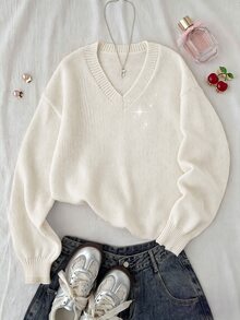 SHEIN Children & Teen Girls' Autumn/Winter New Cream White V-Neck Casual Lantern Sleeve Short Sleeve Solid Color Long Sleeve Knit Sweater, Multi-Functional, Back To School - White - View 2