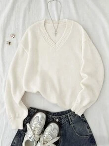 SHEIN Children & Teen Girls' Autumn/Winter New Cream White V-Neck Casual Lantern Sleeve Short Sleeve Solid Color Long Sleeve Knit Sweater, Multi-Functional, Back To School - White - View 5