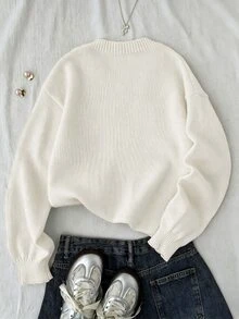 SHEIN Children & Teen Girls' Autumn/Winter New Cream White V-Neck Casual Lantern Sleeve Short Sleeve Solid Color Long Sleeve Knit Sweater, Multi-Functional, Back To School - White - View 3