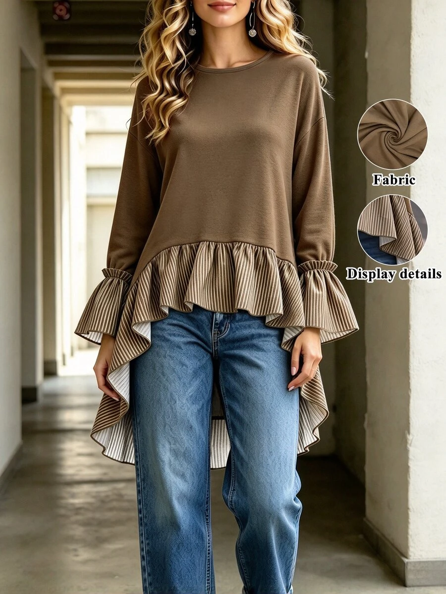 Wandoria Women's New Fashion High-Low Hem Ruffle Design Round Neck Top, And Versatile For Daily Wear, Autumn/Winter New Style - Khaki - View 1