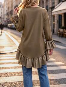 Wandoria Women's New Fashion High-Low Hem Ruffle Design Round Neck Top, And Versatile For Daily Wear, Autumn/Winter New Style - Khaki - View 2