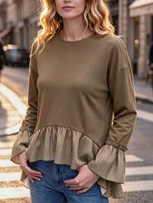 Wandoria Women's New Fashion High-Low Hem Ruffle Design Round Neck Top, And Versatile For Daily Wear, Autumn/Winter New Style - Khaki - View 5