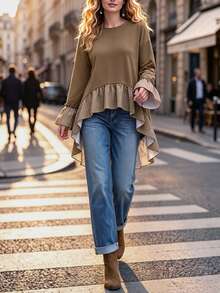 Wandoria Women's New Fashion High-Low Hem Ruffle Design Round Neck Top, And Versatile For Daily Wear, Autumn/Winter New Style - Khaki - View 4