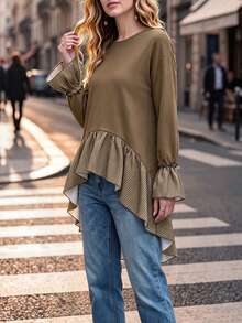 Wandoria Women's New Fashion High-Low Hem Ruffle Design Round Neck Top, And Versatile For Daily Wear, Autumn/Winter New Style - Khaki - View 3