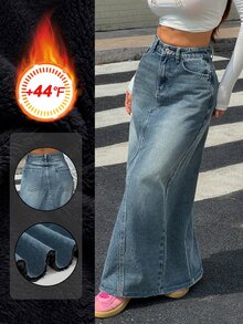 Rivivi Women's Autumn/Winter Thermal Lined Long Denim Skirt - Dark Wash - View 1