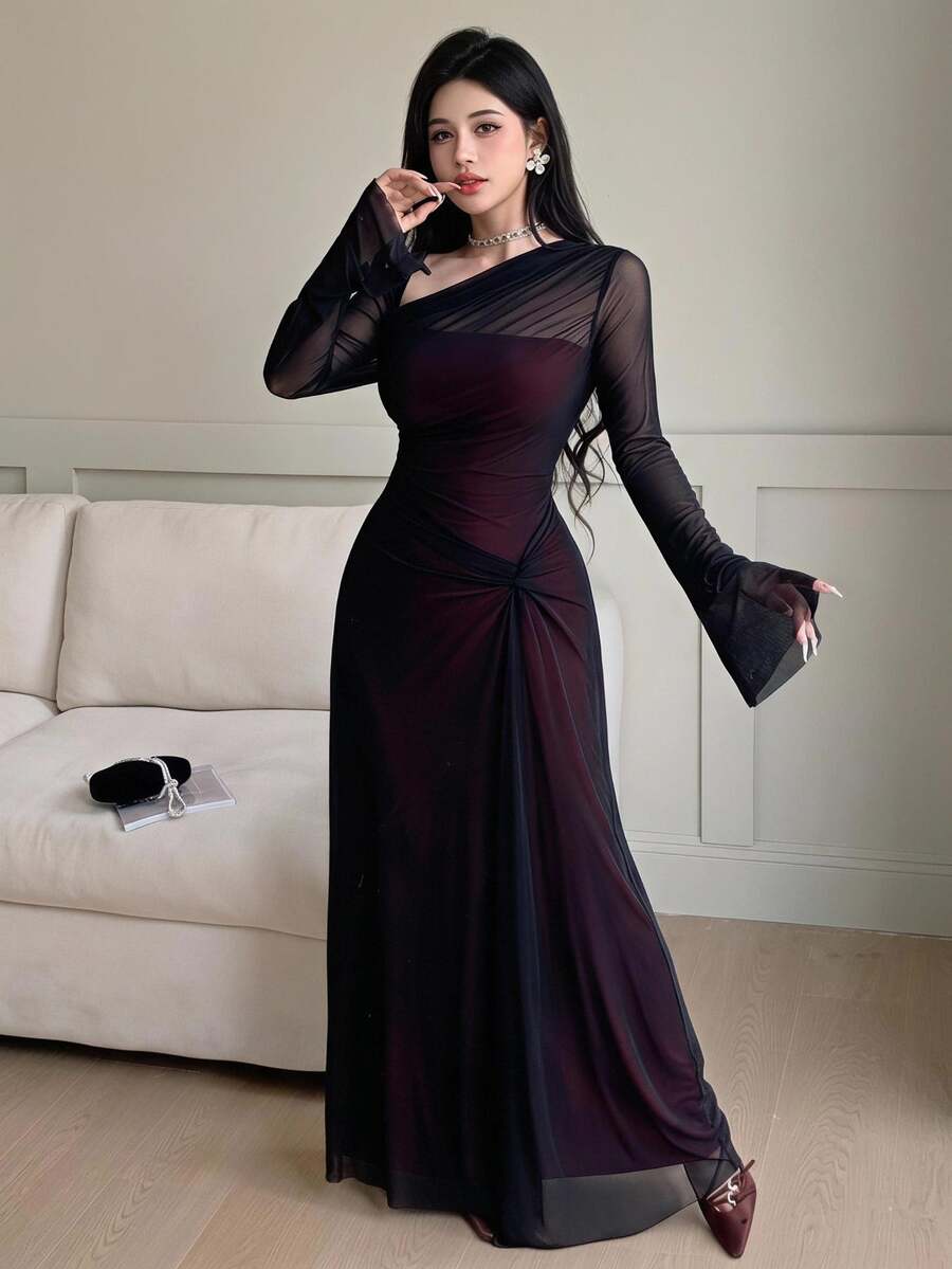 Feyla 女士优雅派对不对称领口喇叭袖连衣裙 - 黑色 - 查看 1