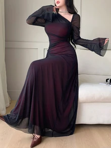 Feyla 女士优雅派对不对称领口喇叭袖连衣裙 - 黑色 - 查看 6