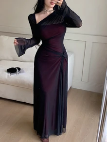 Feyla 女士优雅派对不对称领口喇叭袖连衣裙 - 黑色 - 查看 4