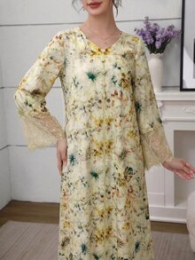Al Najma V-Neck Lace Sleeve Printed Dress With Headscarf - Yellow - View 6