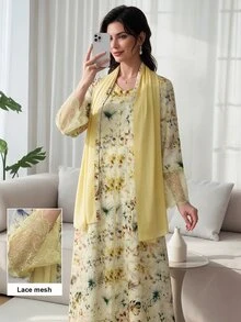 Al Najma V-Neck Lace Sleeve Printed Dress With Headscarf - Yellow - View 1