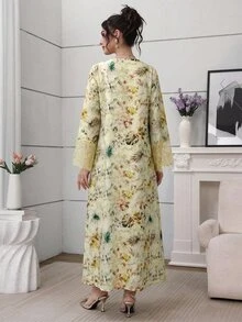 Al Najma V-Neck Lace Sleeve Printed Dress With Headscarf - Yellow - View 7