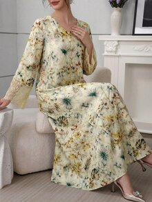 Al Najma V-Neck Lace Sleeve Printed Dress With Headscarf - Yellow - View 5