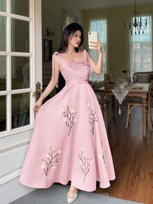 Feyla Women's Sleeveless Pleated Floral Print Elegant Dress - Baby Pink - View 3