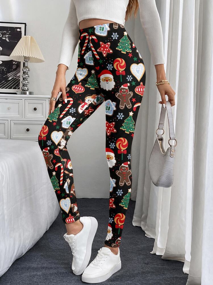 SHEIN LUNE Christmas Outfit For Women Christmas Leggings Santa Claus Christmas Candy Christmas Pattern Women's Casual Printed Leggings Suitable For Winter - Multicolor - View 7