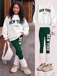 SHEIN Tween Girl Kids Casual Crew Neck Long Sleeve Letter Print Sweatshirt Set,Fall,Fall Clothes,Fall Outfits,Autumn/Winter,Christmas/Halloween,Pull - Multicolor - View 6